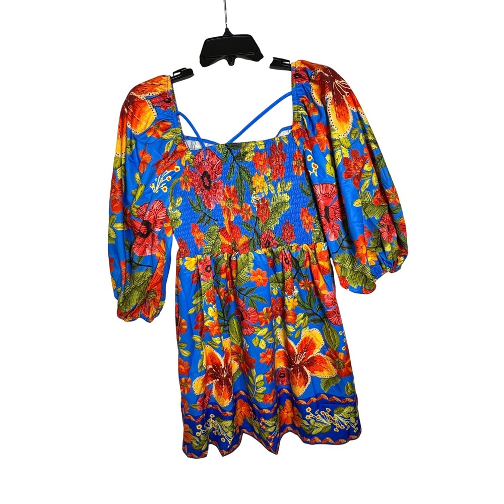 Blue Tropical Floral Smocked‎ Back Puff Sleeve Mini Dress Large - Picture 6 of 10